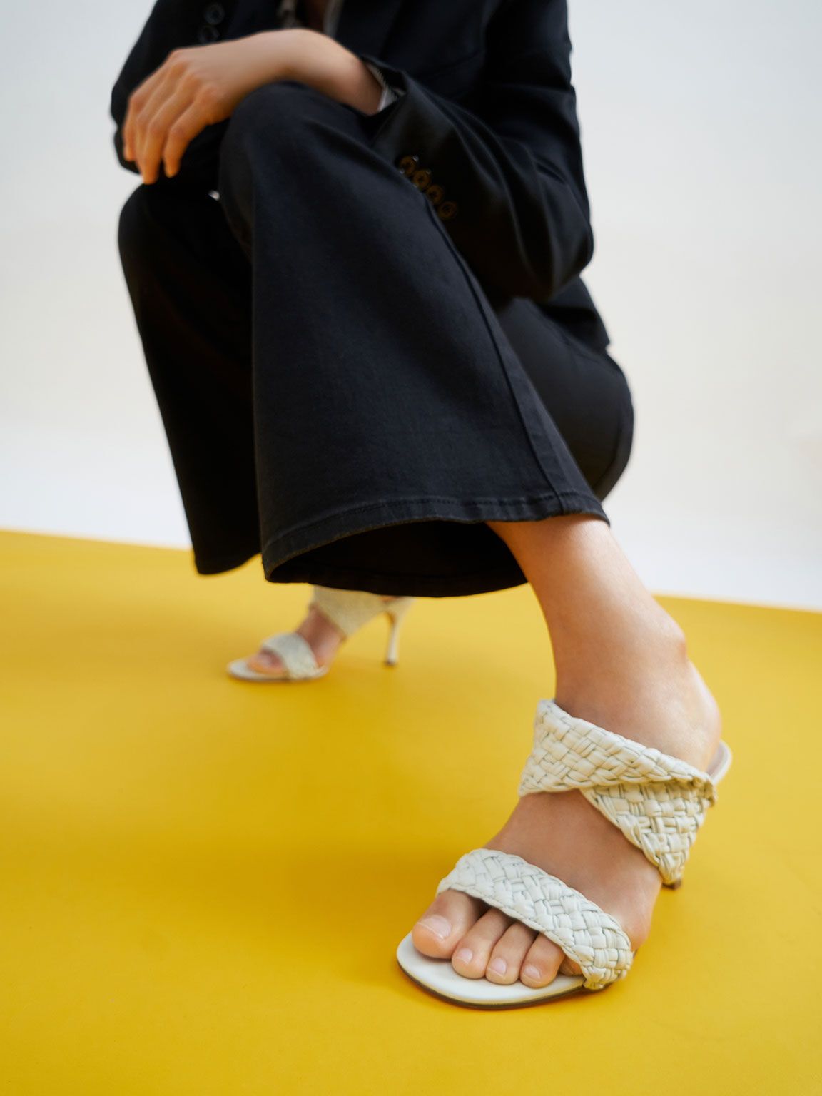 Double Strap Woven Heeled Mules